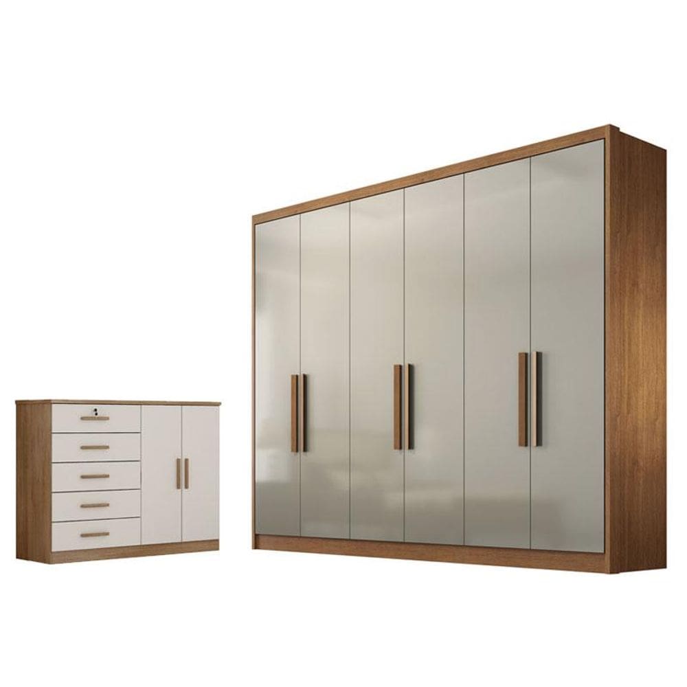 Guarda Roupa Casal Linea e Cômoda Seul Cumaru 25 Fendi - Novo Horizonte