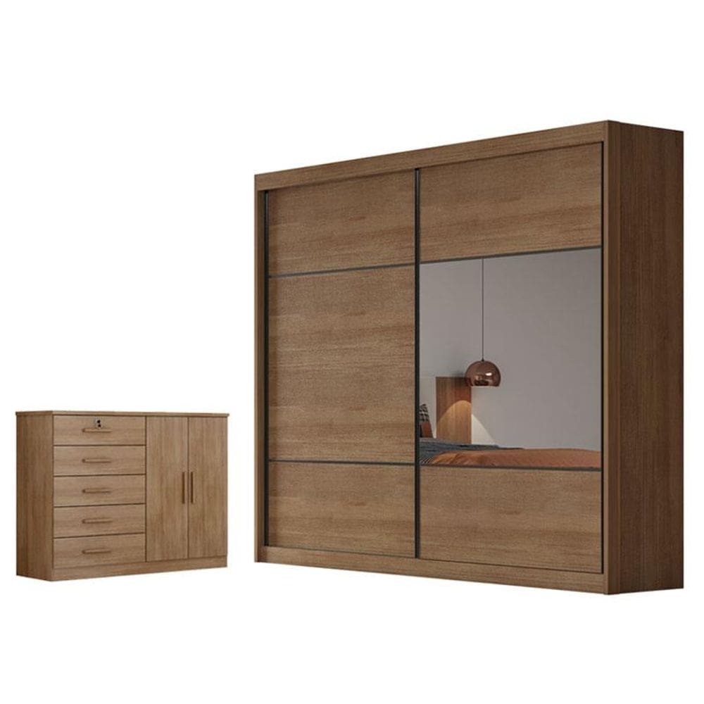 Guarda Roupa Casal Belmonte com Espelho e Cômoda Seul Cumaru 23 - Novo Horizonte