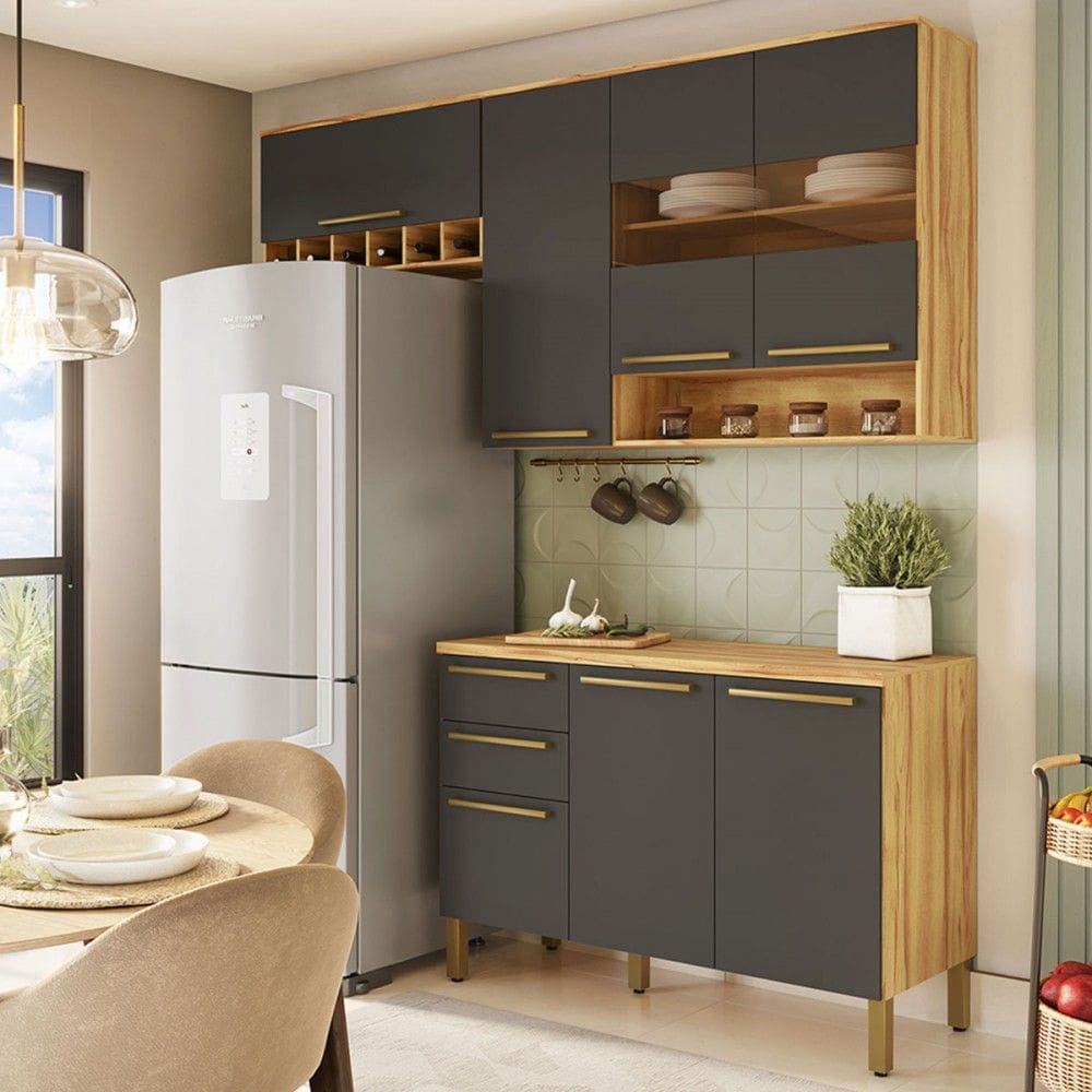 Cozinha Compacta Napoli 7 Portas 2 Gavetas 100% Mdf com Vidro Amêndoa/Cinza - Rio Doce