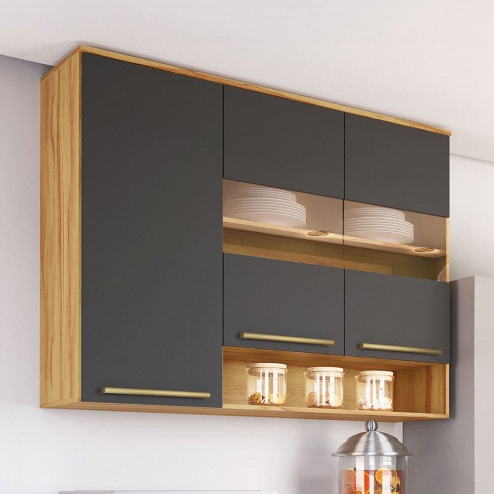 Armário Aéreo Cozinha 120 Cm Napoli 3 Portas com Vidro 100% Mdf Amêndoa/Cinza - Rio Doce
