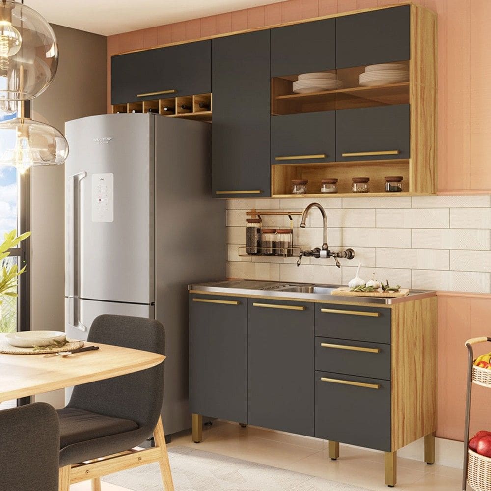 Cozinha Compacta Napoli 7 Portas 2 Gavetas 100% Mdf com Vidro 11066 Amêndoa/Cinza - Rio Doce