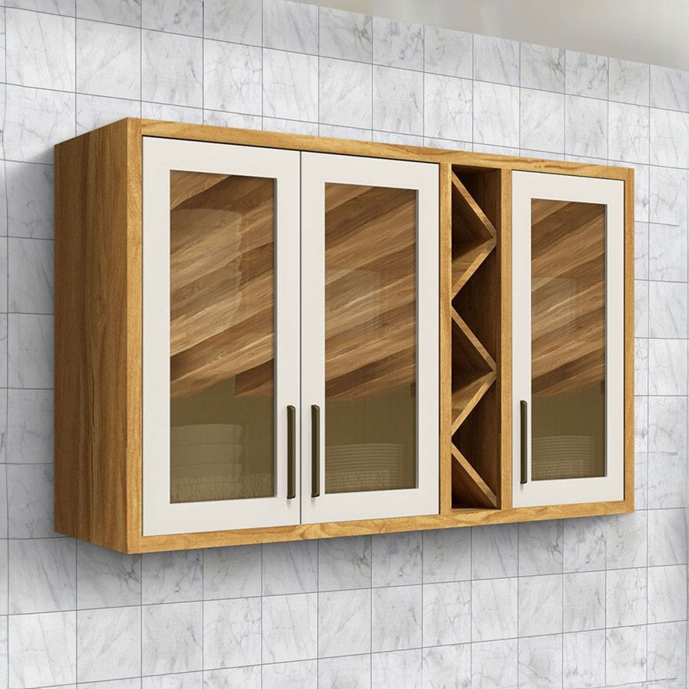 Armário Aéreo de Cozinha 120 Cm Tempranillo 3 Portas com Vidro Reflecta 100% Mdf Amêndoa/Off White - Rio Doce