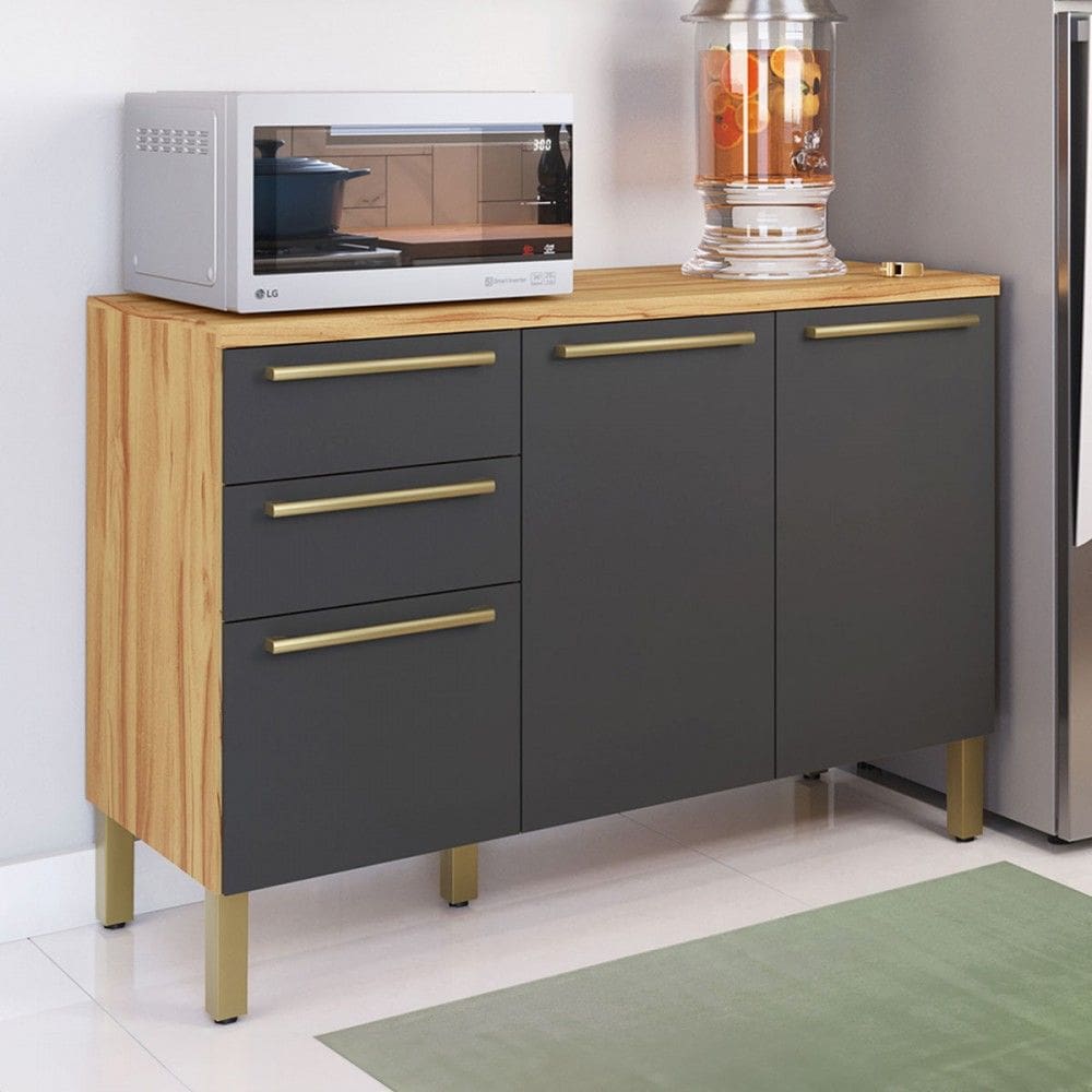Balcão de Cozinha 120 Cm Napoli 3 Portas 2 Gavetas 100% Mdf Amêndoa/Cinza - Rio Doce