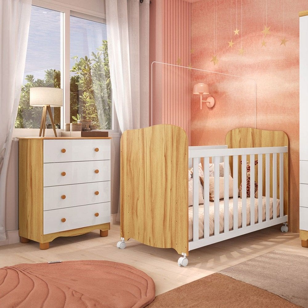 Quarto de Bebê Completo Junior Uli Cômoda 4 Gavetas 100% Mdf Branco Brilho/Amêndoa - Móveis Peroba