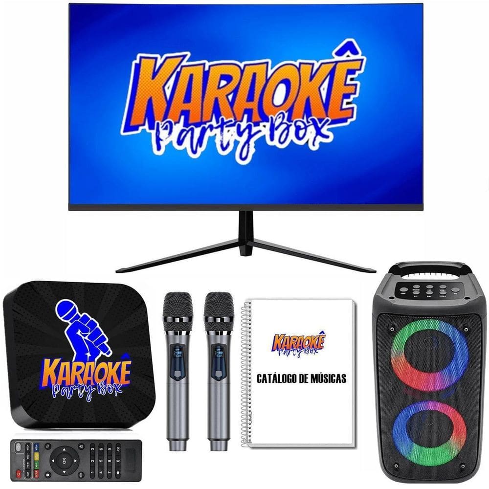 Karaoke Profissional Preto +Monitor +2 Mic Sem Fio +Catalogo