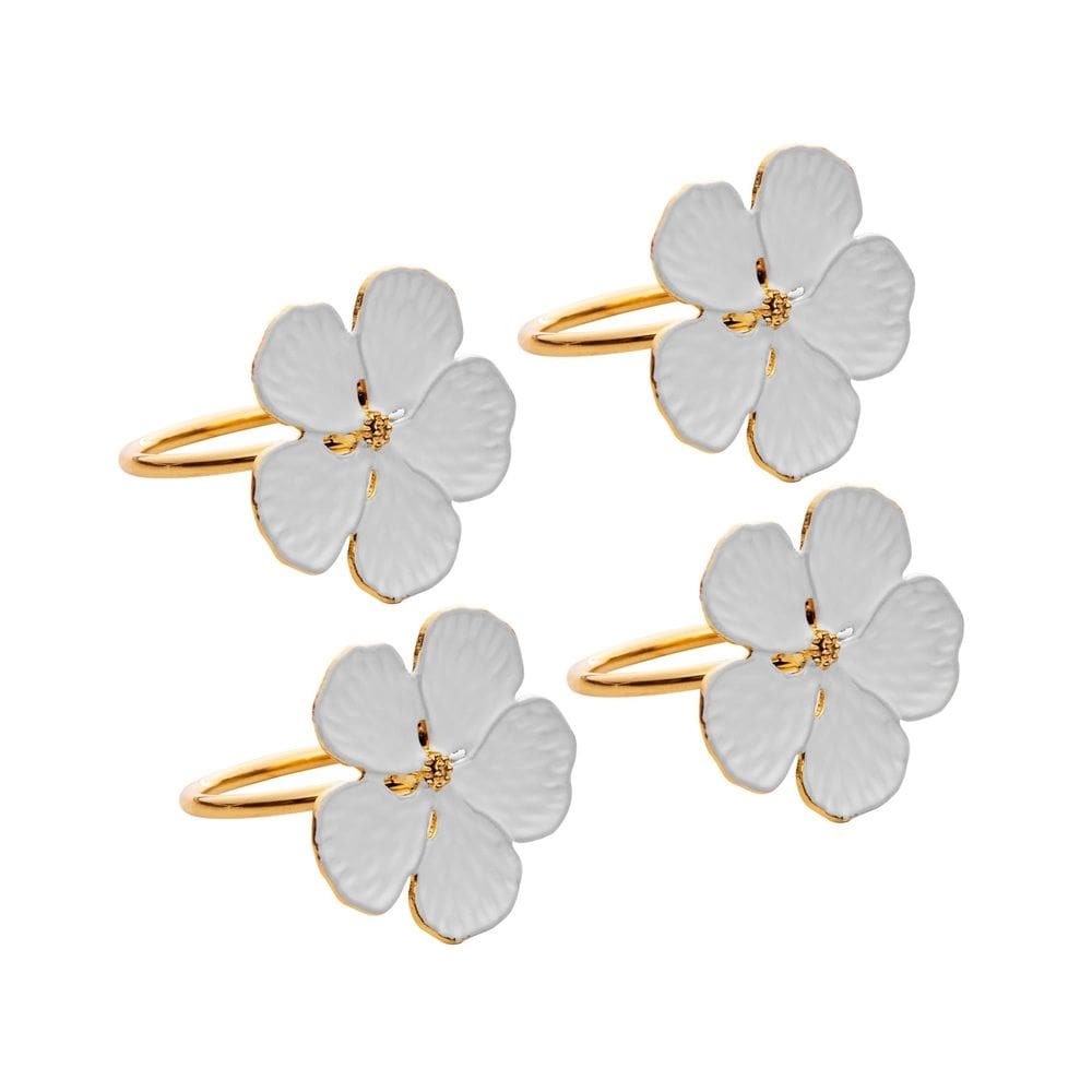 Cj 4 Anéis/Argolas de Zamac P/Guardanapos Flower Branco Dourado Wolff