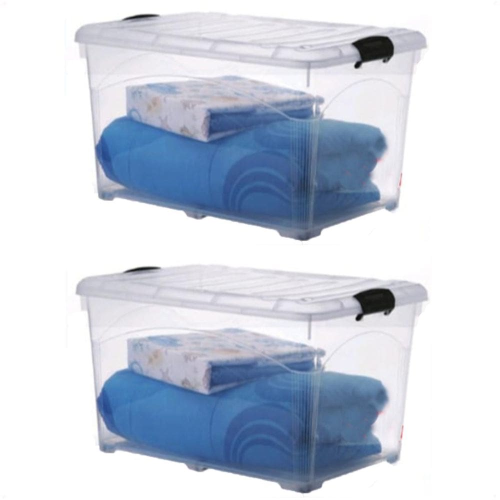 2 Caixas Organizadoras 95 Lts Transparente Travas E Rodinhas