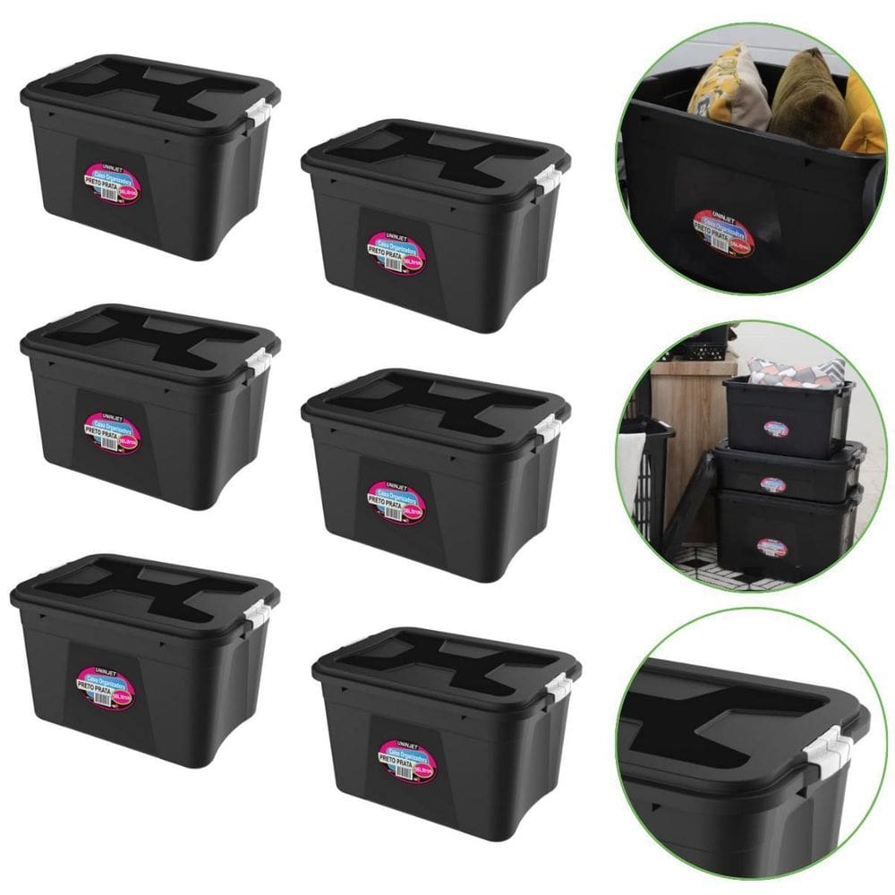 Kit 6 Caixas Organizadoras 56 Litros Com Trava Preta Uninjet