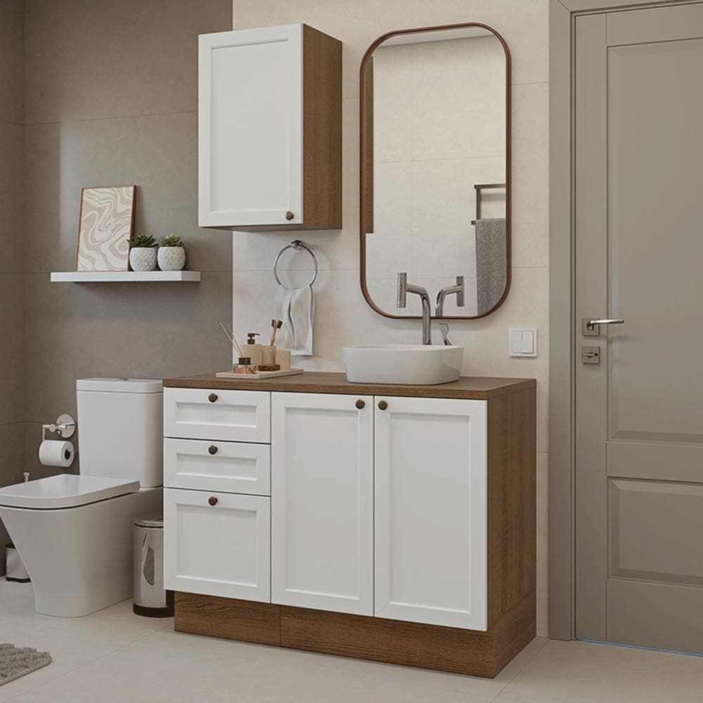 Conjunto Gabinete para Banheiro 110cm 3 Gavetas 3 Portas Rustic/Branco Vik Madesa 01