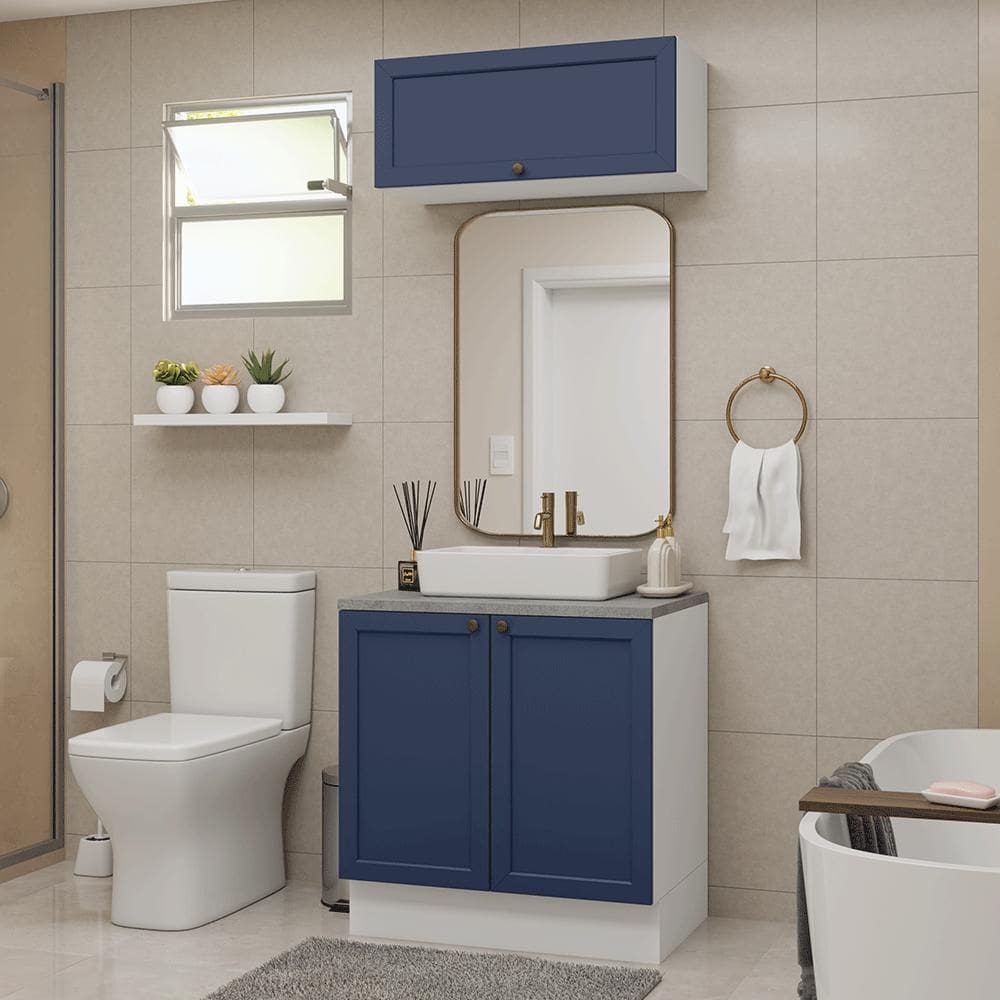 Conjunto Gabinete para Banheiro 80cm 3 Portas Branco/Azul Vik Madesa 02