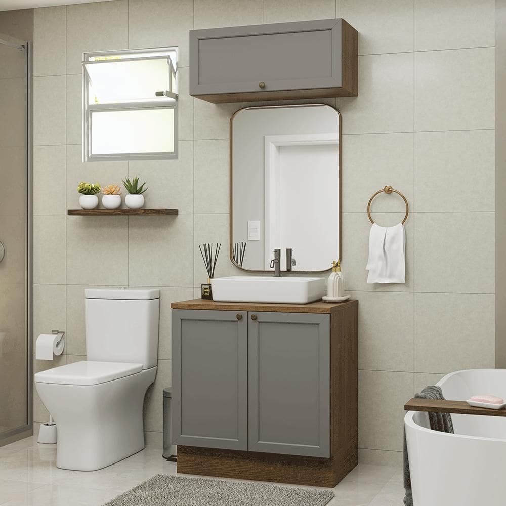 Conjunto Gabinete para Banheiro 80cm 3 Portas Rustic/Cinza Vik Madesa 02