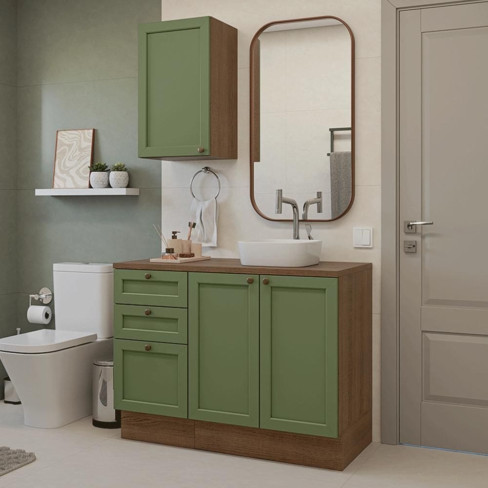 Conjunto Gabinete para Banheiro 110cm 3 Gavetas 3 Portas Rustic/Verde Vik Madesa 01