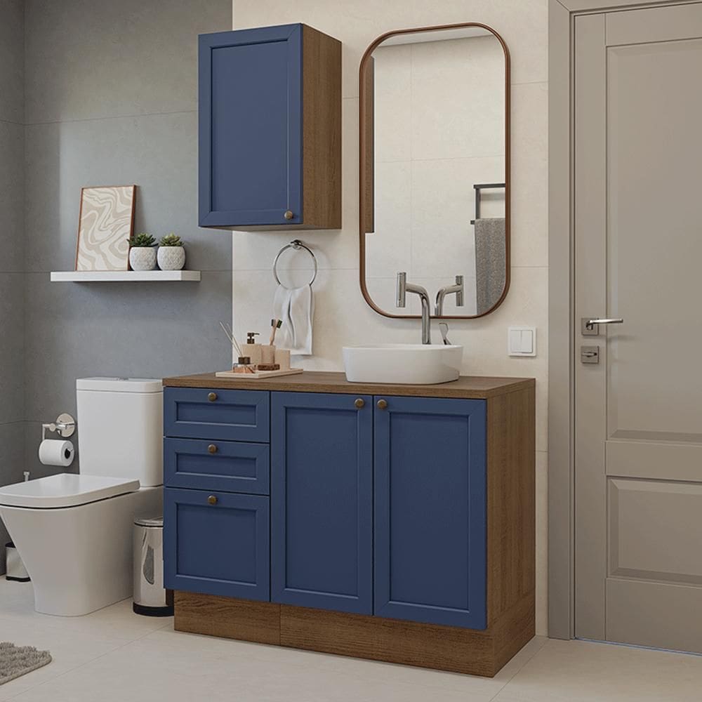 Conjunto Gabinete para Banheiro 110cm 3 Gavetas 3 Portas Rustic/Azul Vik Madesa 01