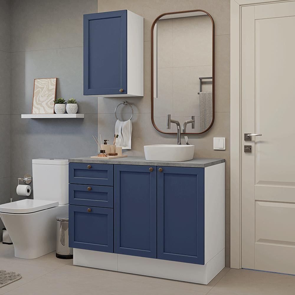 Conjunto Gabinete para Banheiro 110cm 3 Gavetas 3 Portas Branco/Azul Vik Madesa 01