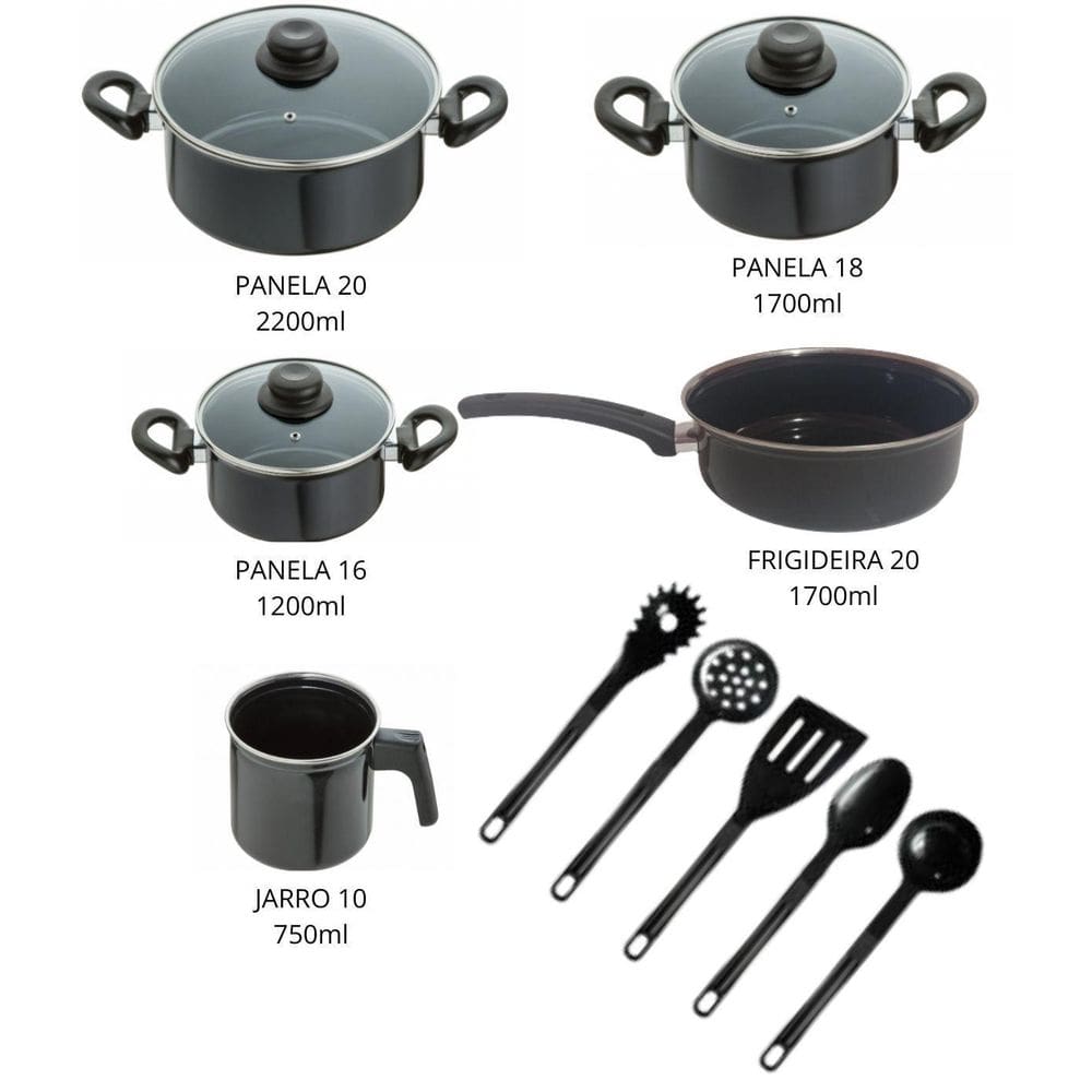 Jogo Panelas 10 Peças Aço Vítreo Preto Cerâmica Indução Jjb