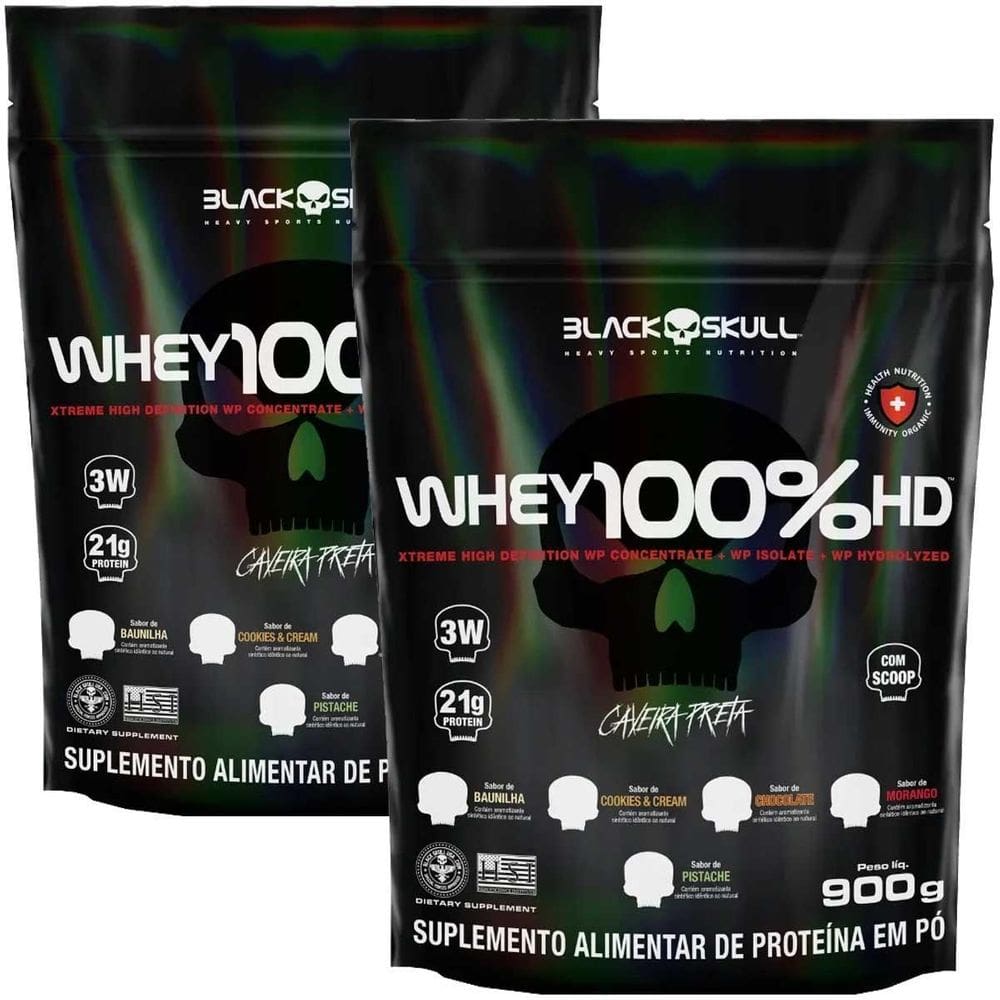 Kit 2X Whey 100% Hd Refil 900G - Black Skull Sabor Morango