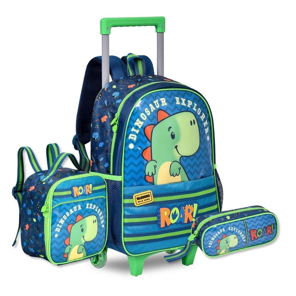 Kit Escolar Dinossauros Mochila Lancheira Térmica E Estojo