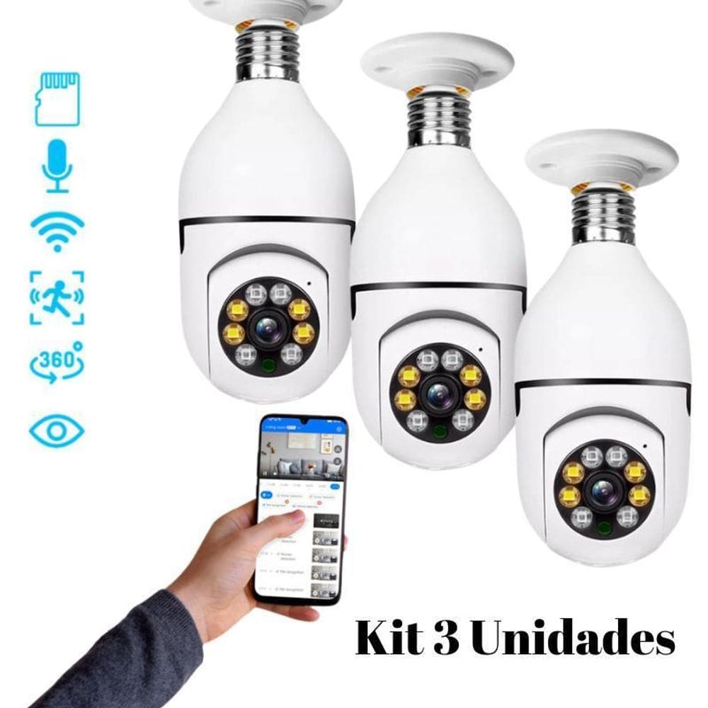 Kit 3 Câmera Segurança Lâmpada Wifi Prova D`Agua