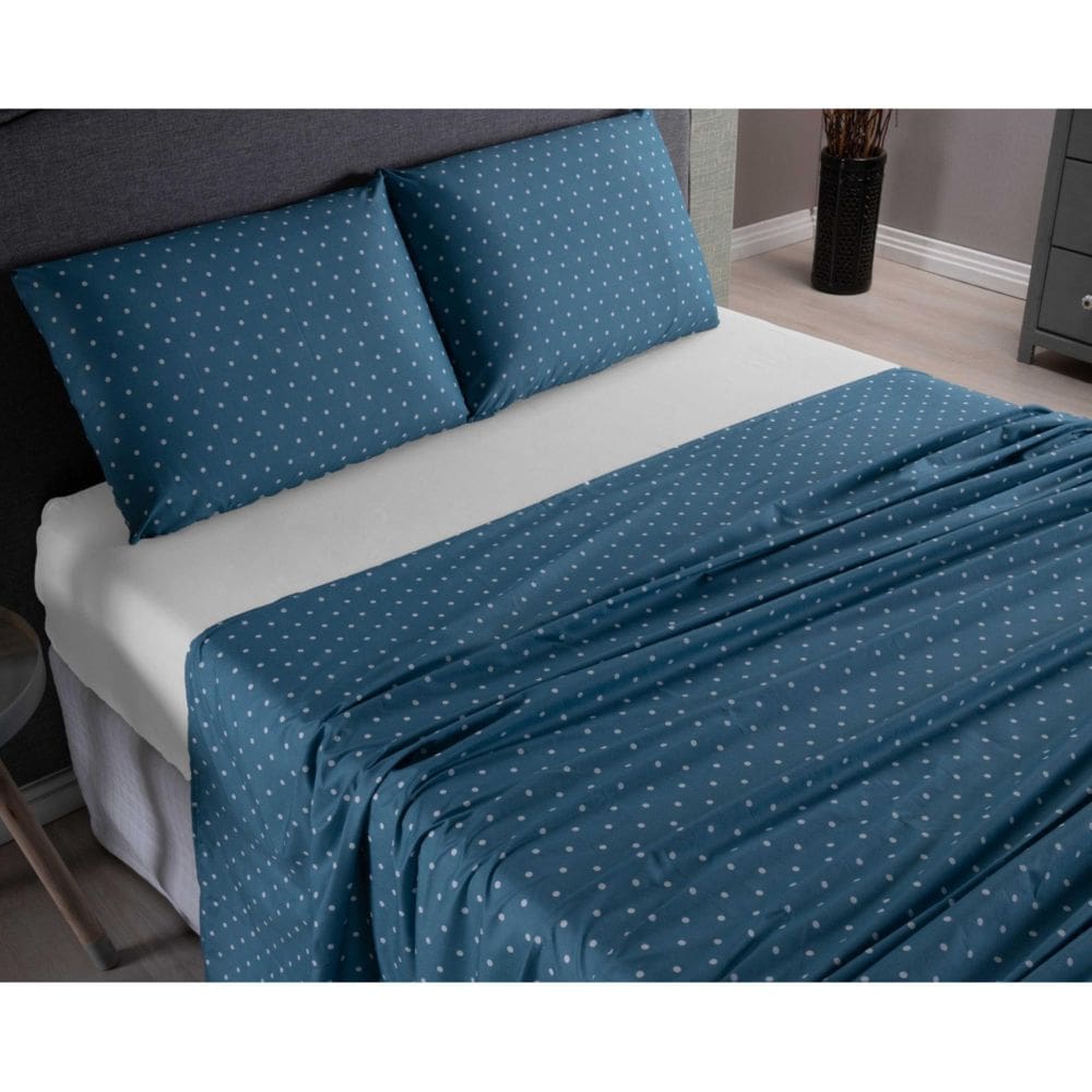 Lençol Casal 4 Peças Estampa Micropercal 400 Fios Poá Azul