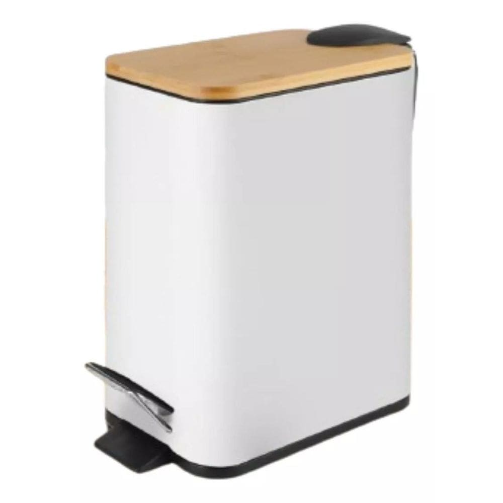 Lixeira Retangular Pedal 5L Branca Metal E Bambu Banheiro