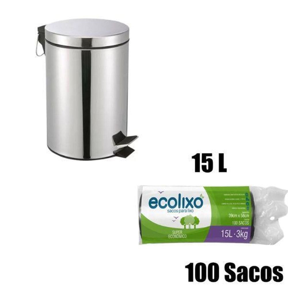 Kit Lixeira Pedal Inox 3L + 100 Sacos De Lixo 15L