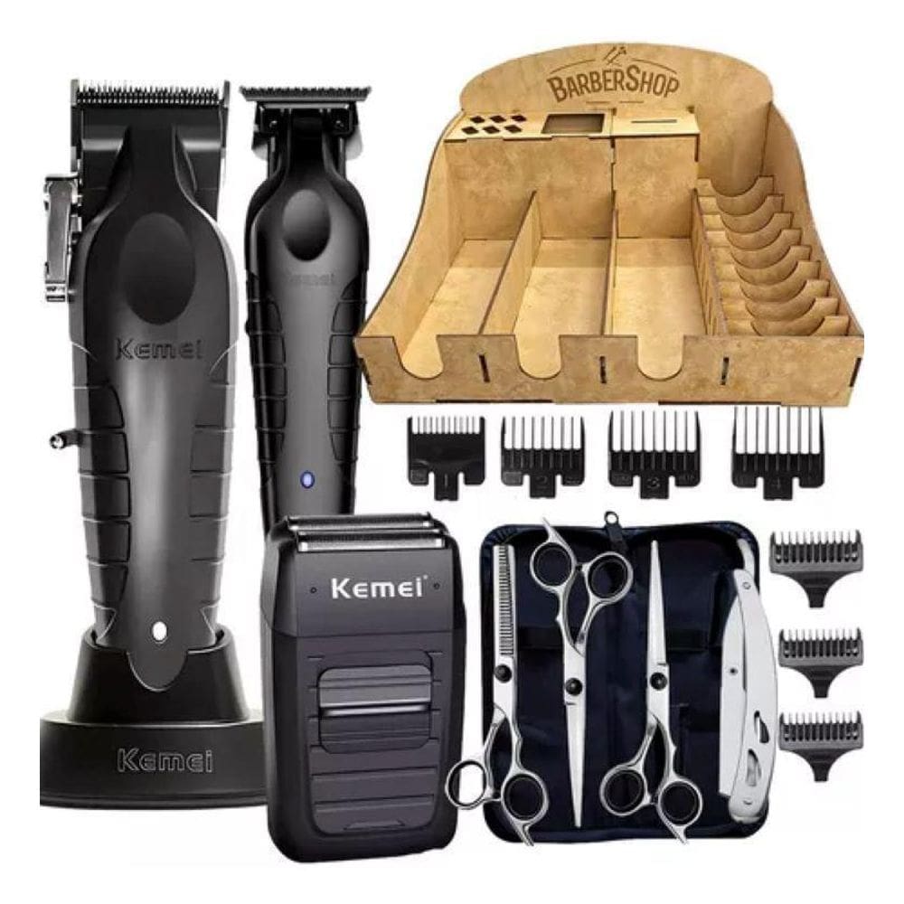 Kit Barbearia Completo Com Maquinas Tesouras E Suporte Mdf