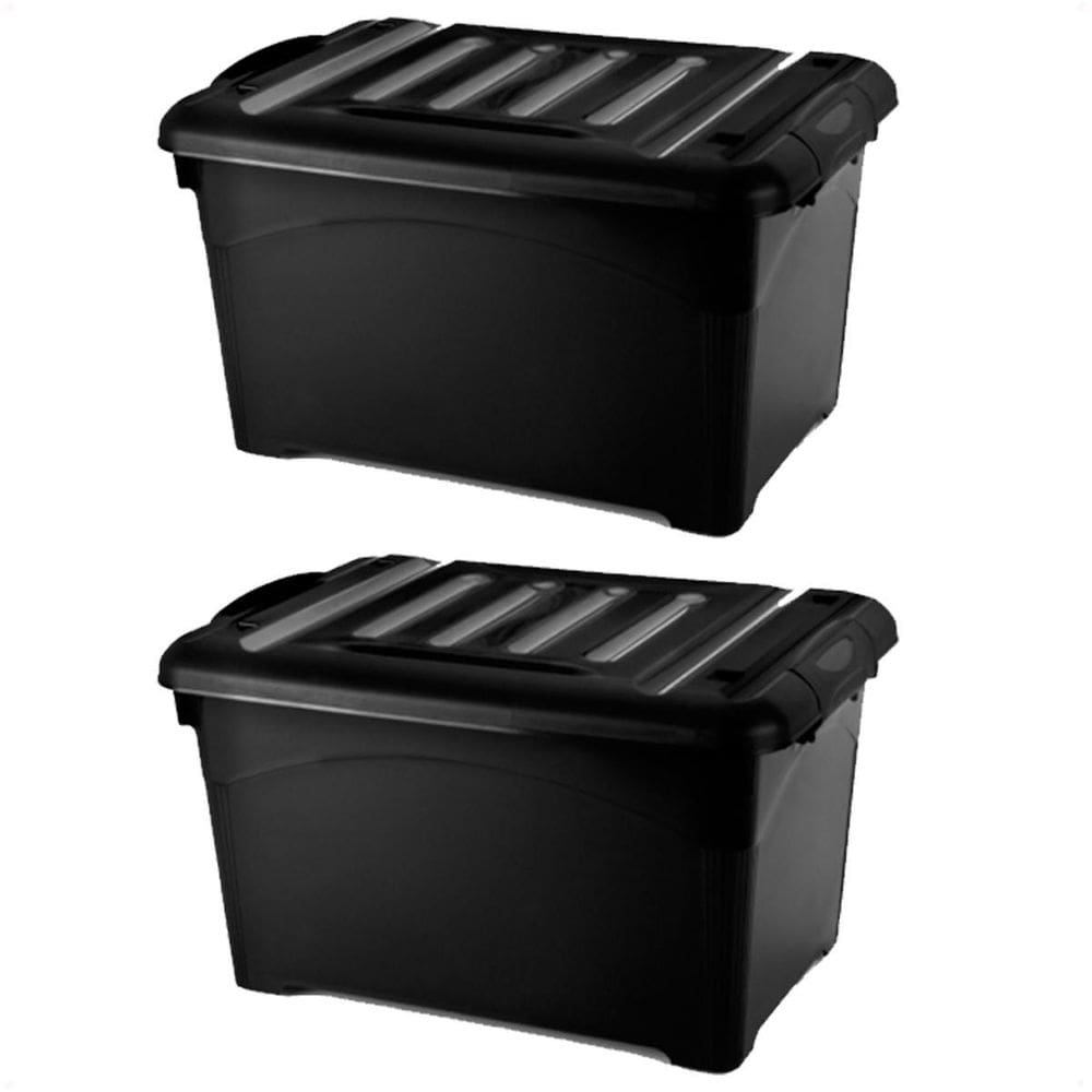 2 Caixas Organizadoras 65 Litros Preta Com Travas E Rodinhas