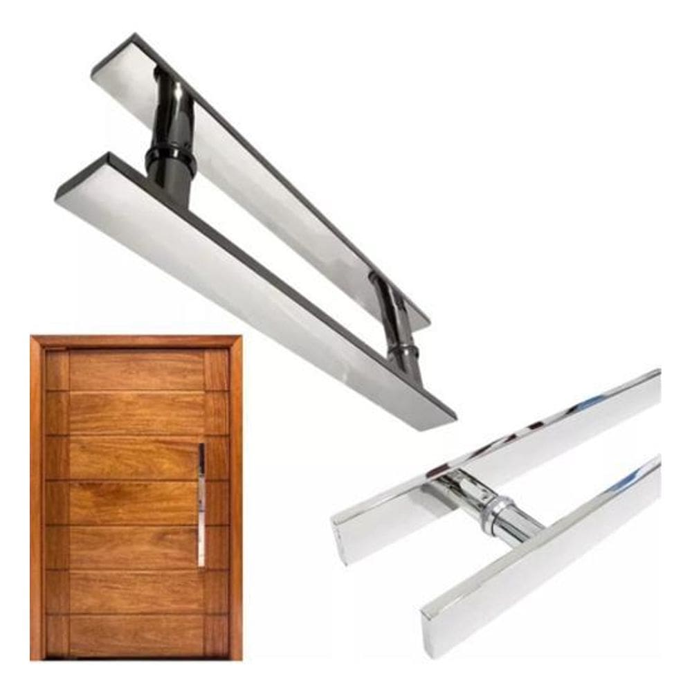 Par Puxador Inox Porta Alumi Madeira Vidro 60Cm Barra Chata
