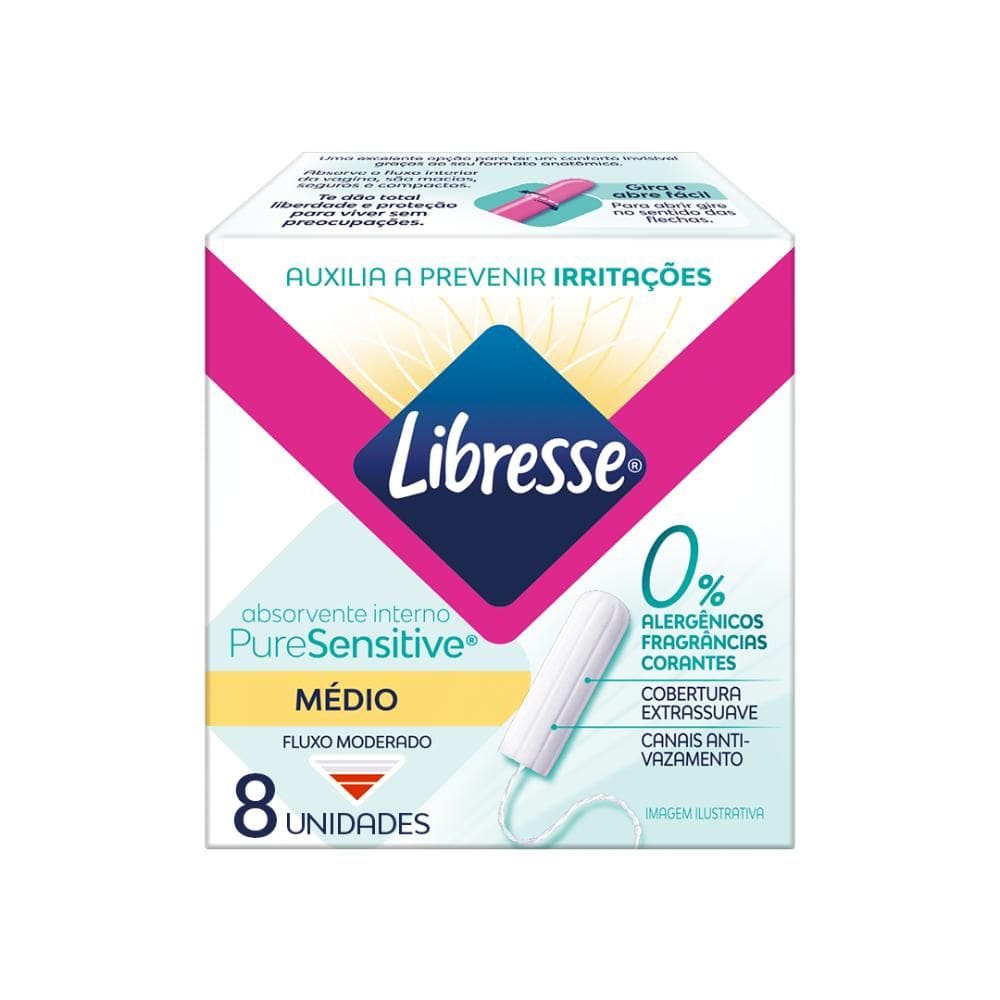 Absorvente Interno Libresse Médio Pure Sensitive com 8 unidades