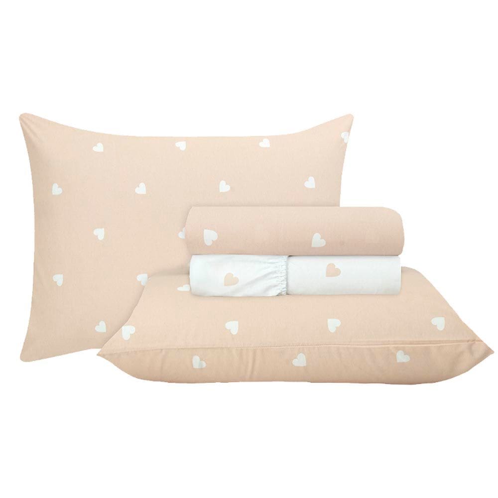 Jogo de Cama Duplo Casal 4 Peças Percal 180 Fios Coração Bege Sonhare Prata