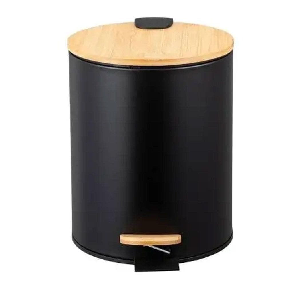 Lixeira Em Inox E Tampa Bambu 12 Litros Com Pedal Preto