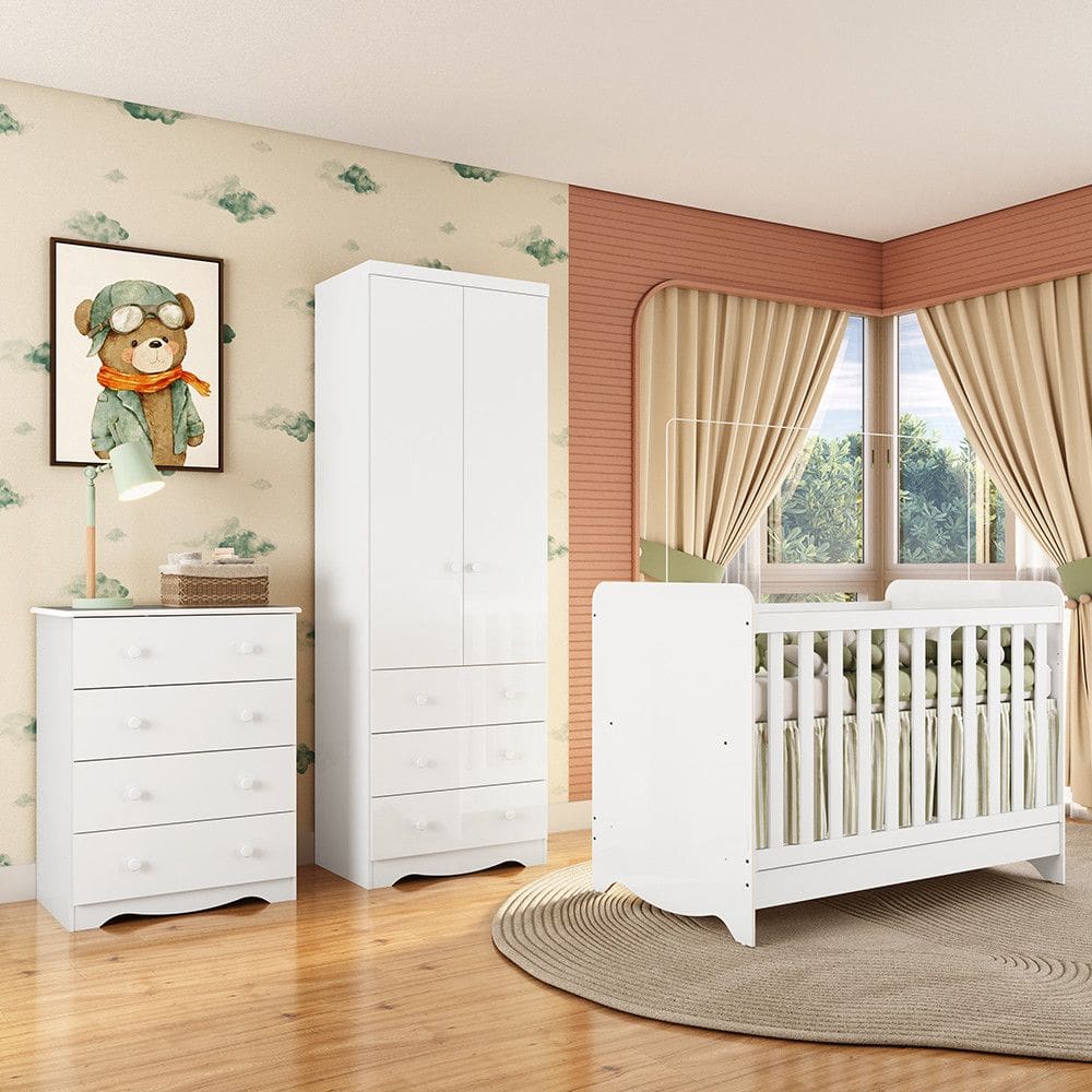 Quarto de Bebe Completo com Berco Minicama Ben Guarda Roupa Smim New e Comoda Junior New MDF Moveis Peroba