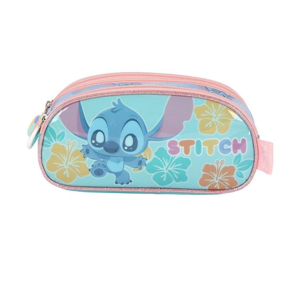 Estojo Escolar Triplo Luxcel Stitch Aloha Azul Turquesa