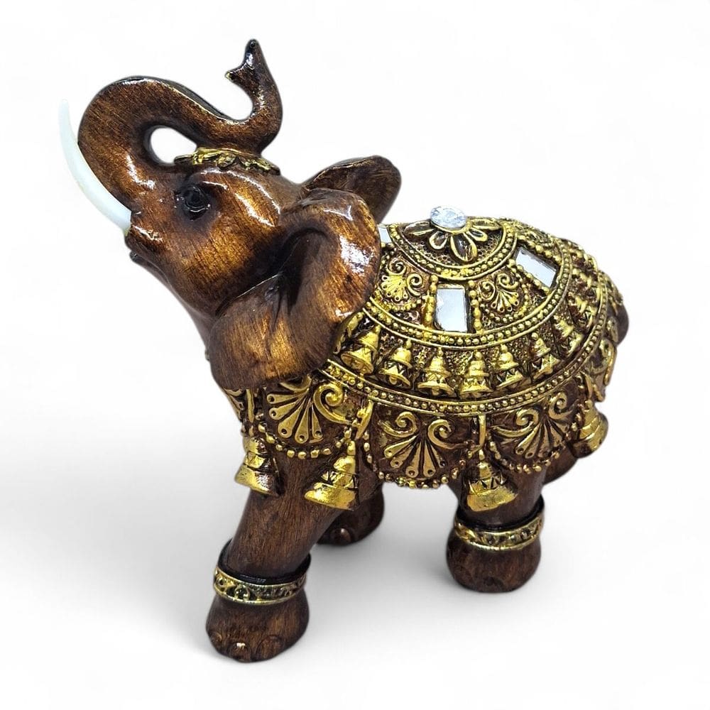 Estátua Elefante Marrom Brilhante e Detalhes Dourados 15 cm