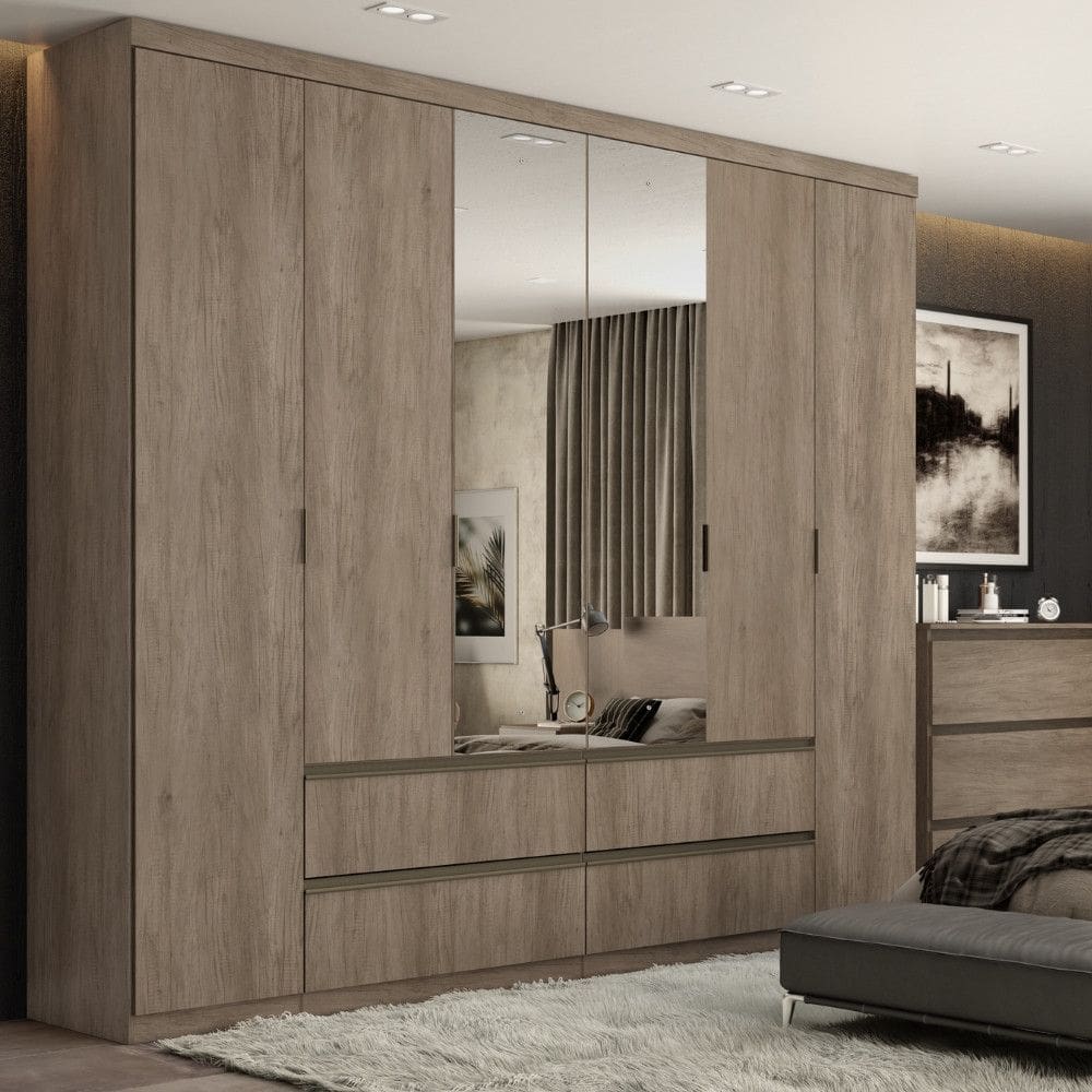 Guarda Roupa Casal com Espelho 6 Portas 4 Gavetas Nobre Glass THB