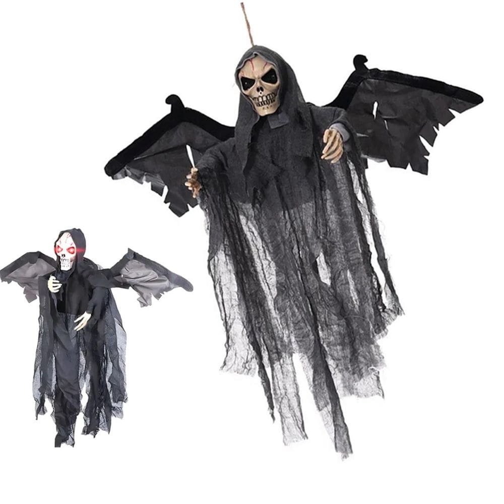 Caveira Fantasma Halloween Dias das Bruxas Acende Olhos Bate Asa Grito Susto Pegadinha Som Pendura Porta Esqueleto