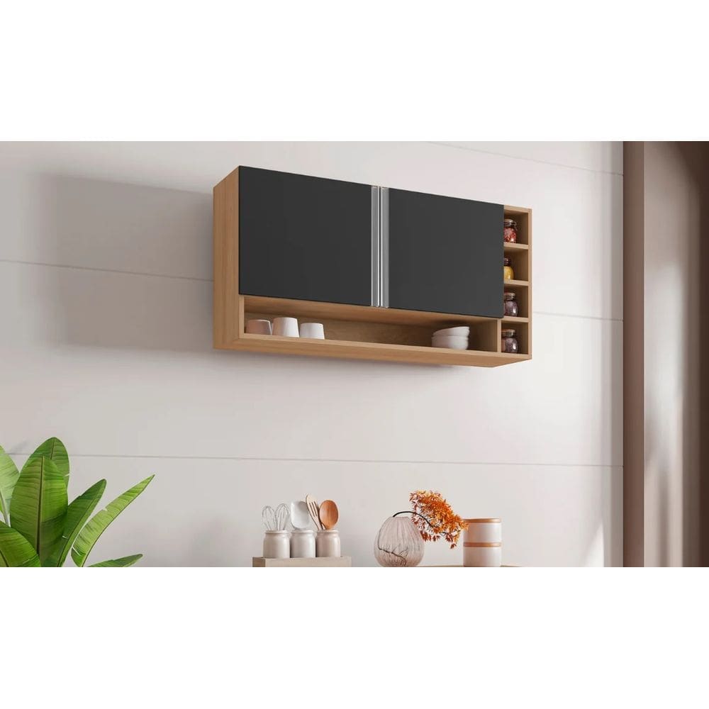 Armário de Cozinha Aéreo Vanessa 105cm Amêndoa/Preto 2 Portas - AJL Móveis