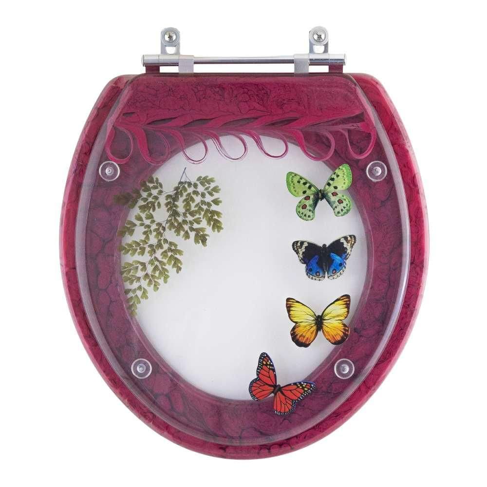 Assento Sanitario Poliester Decorado Borboletas Magenta Zoom para bacia Logasa 6lpf