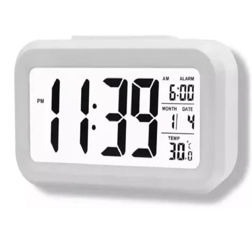 Relógio Digital LCD Despertador de Mesa Cabeceira Quarto Idoso - Branco