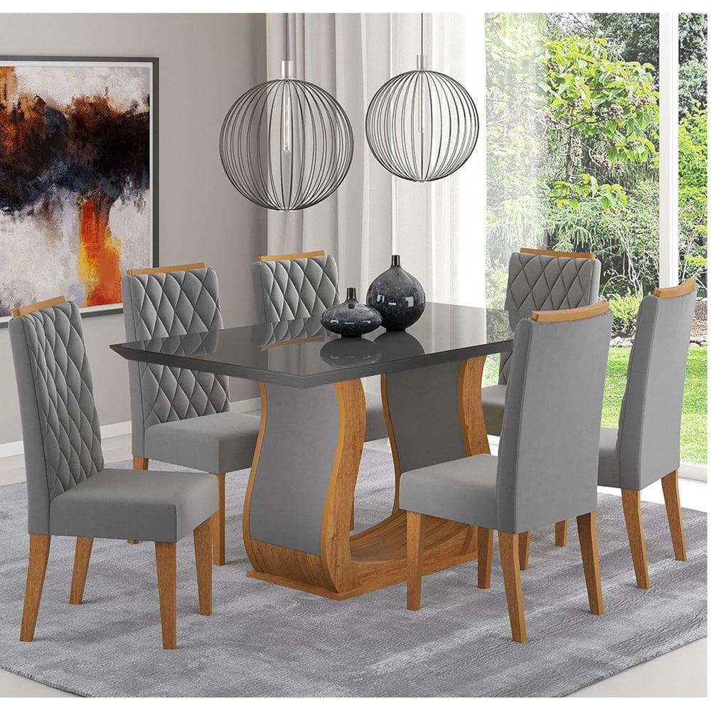 Mesa de Jantar Retangular Amarilla Com 6 Cadeiras Iza Cobre/Cinza/Vd Grafite - Casa Giulia