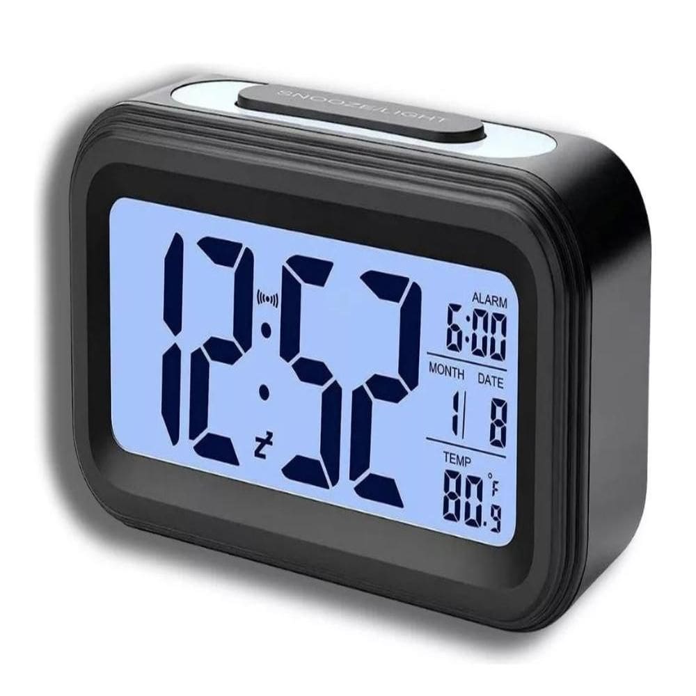 Relógio Digital LCD Despertador de Mesa Cabeceira Quarto Idoso - Preto