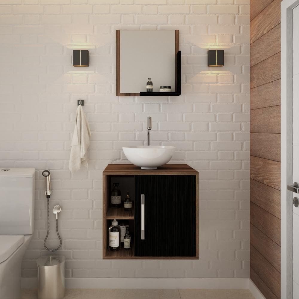 Conjunto Balcão Com Cuba R30 E Espelheira Soft 500 Nogal Com Branco Chess Nogal Com Preto Ônix