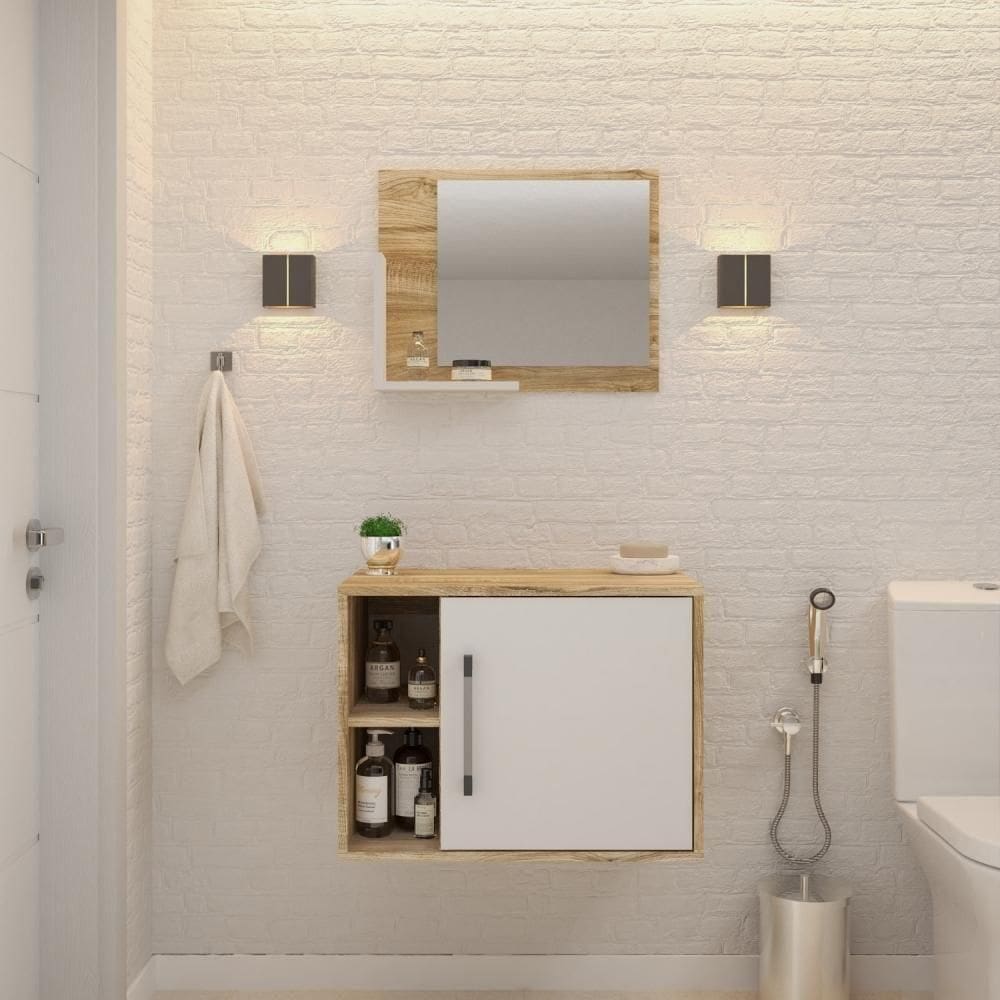 Conjunto Balcão E Espelheira Soft 600 Perffect Acetinado Carvalho Com Branco Chess