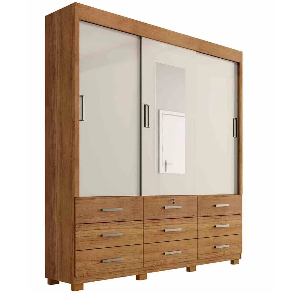 Guarda Roupa Itapema Casal 3 Portas de Correr e 9 Gavetas Cor Cedro Areia