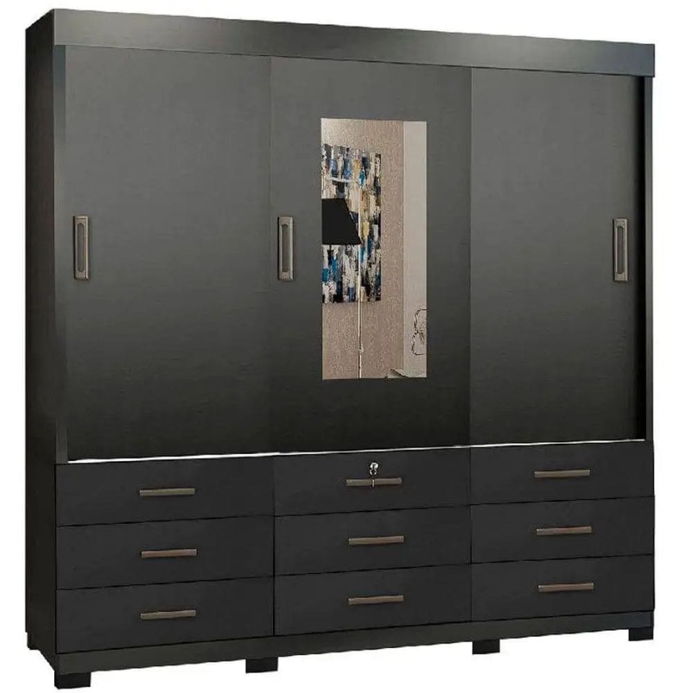 Guarda Roupa Itapema Casal 3 Portas de Correr e 9 Gavetas Cor Preto