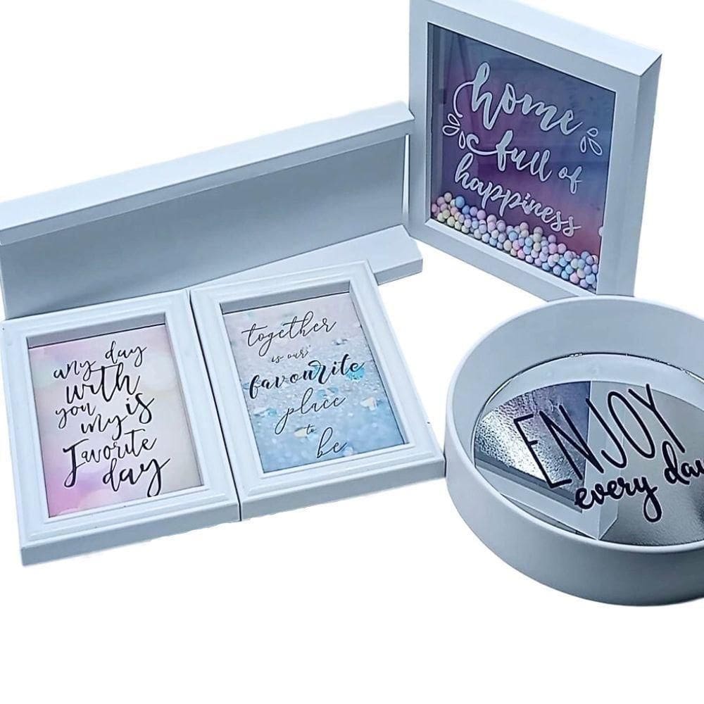 Kit Decoracao Prateleira Espelho Quadro E Porta Retrato De Parede Completo Com 5 Peças Casa Sala Escritorio