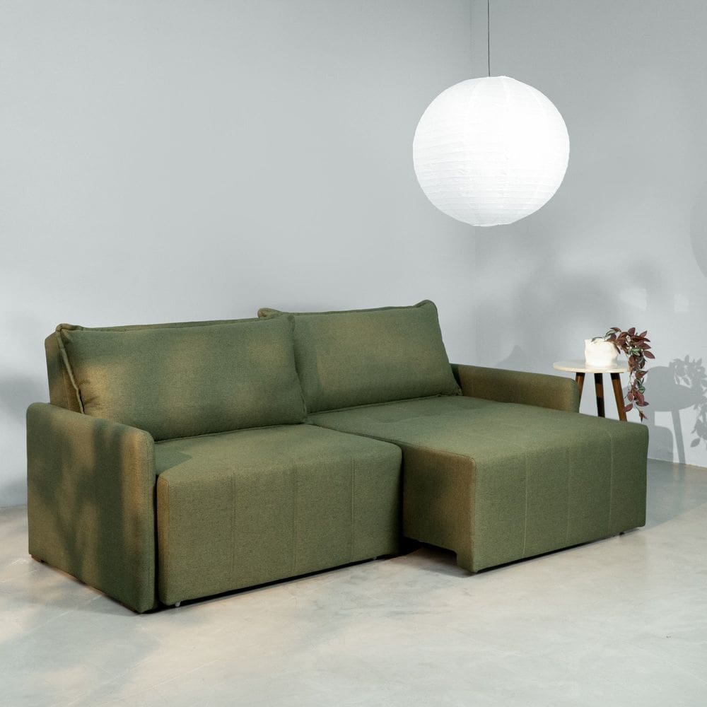 Sofá Cama Retrátil e Reclinável 3 Lugares 225cm em Linho Baraúna Cabecasa Madeiraoriginals Verde