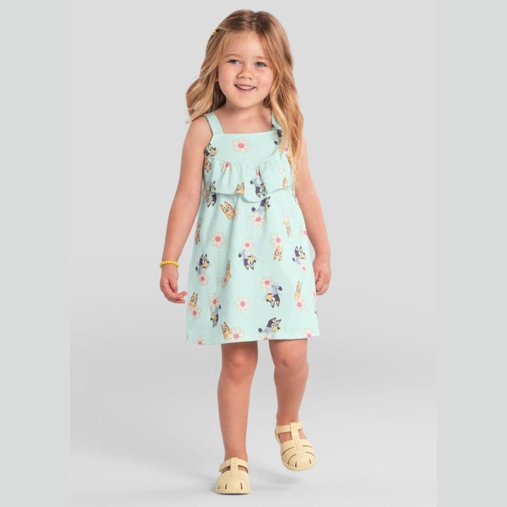 Vestido Infantil Bluey Meia Malha Verde Água - Brandili