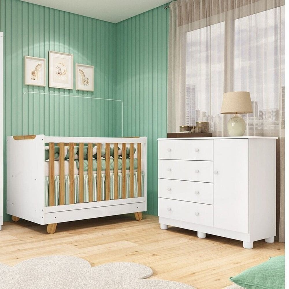 Quarto de Bebê com Cômoda 1 Porta e Berço 4 em 1 Minicama 100% MDF Mike Espresso Móveis Branco Brilho/Amêndoa