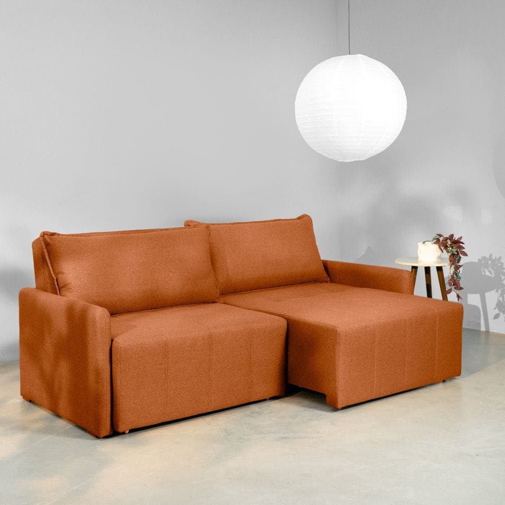Sofá Cama Retrátil e Reclinável 3 Lugares 225cm em Linho Baraúna Cabecasa Madeiraoriginals Terracota